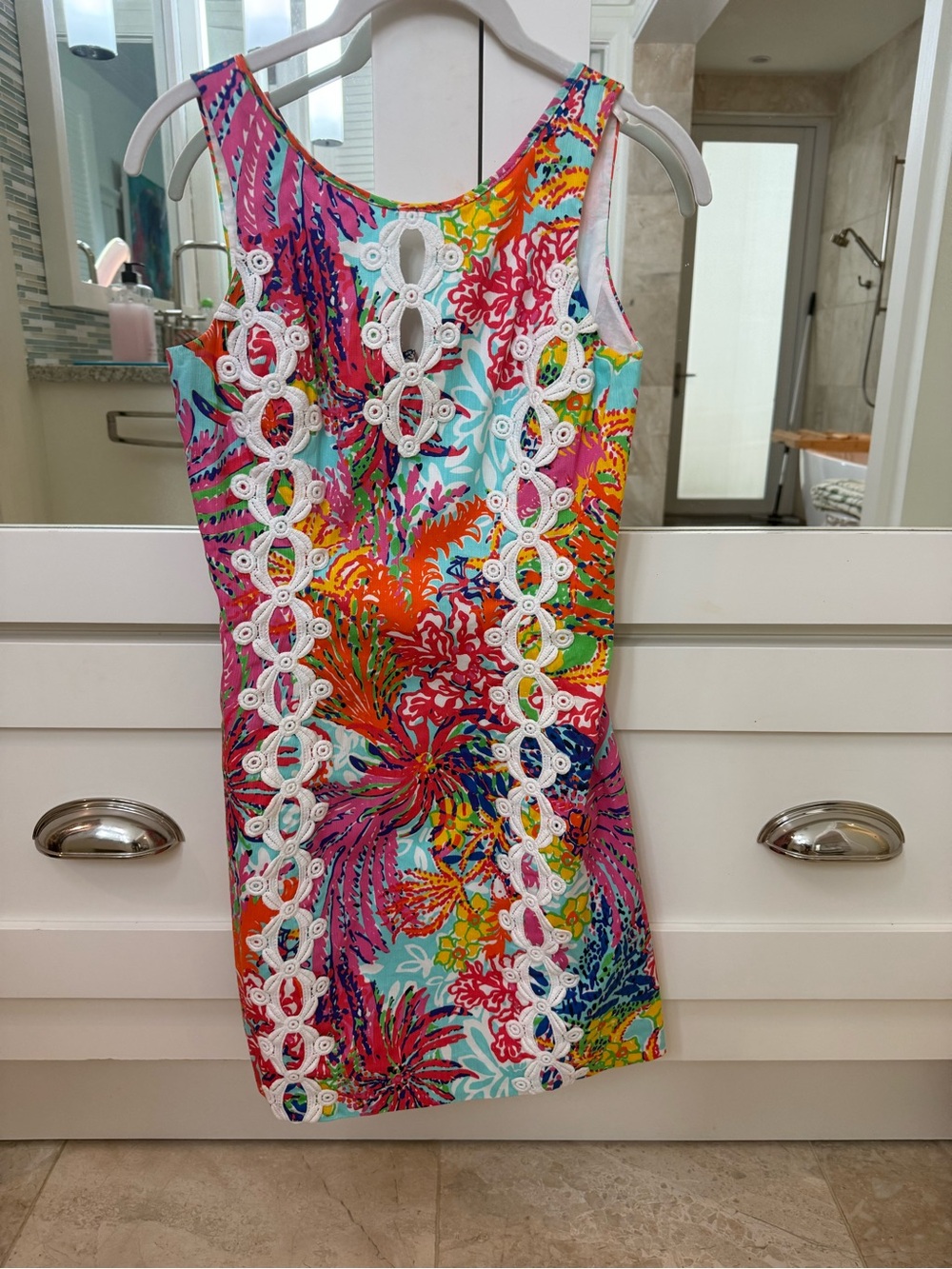 Lilly Sleeveless Multicolor Floral Lace-Trim Sheath Dress